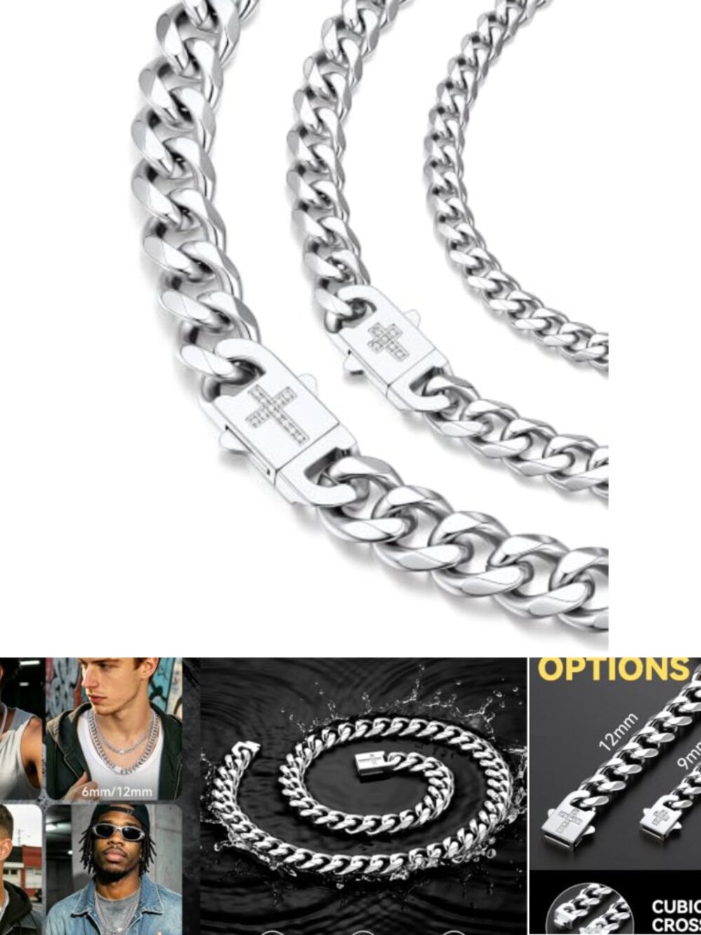 Mens Cuban Link Chain Necklace Stainless Steel Gold Plated Cross Clasp Hip Hop